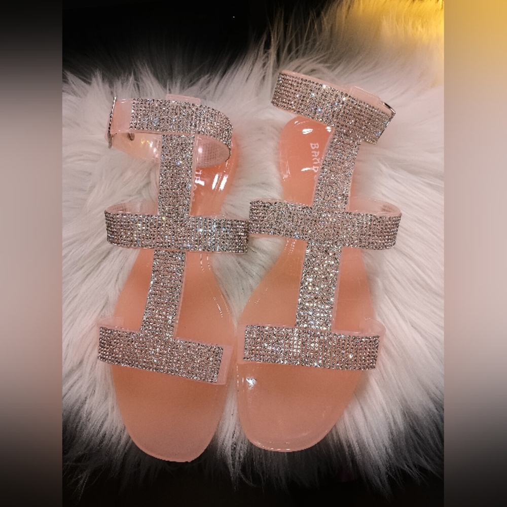 Fashion Nova nude rose gold Rhinestone Sandals
